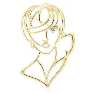 Gold Rhinestone Short HairCut Lady Brooch Pin Elegant Cute Sexy Metal Accessory